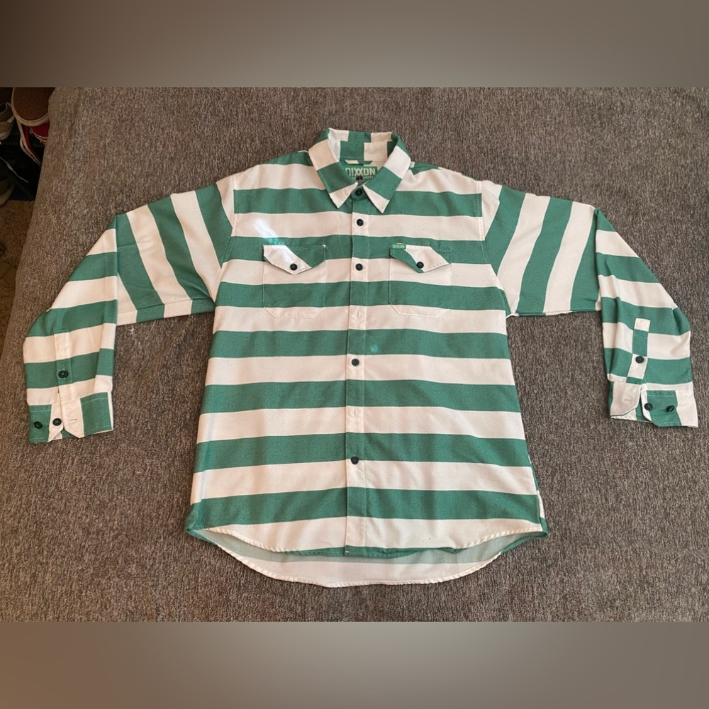 DIXXON Flannel Company “The Rebel” green and white striped flannel shirt